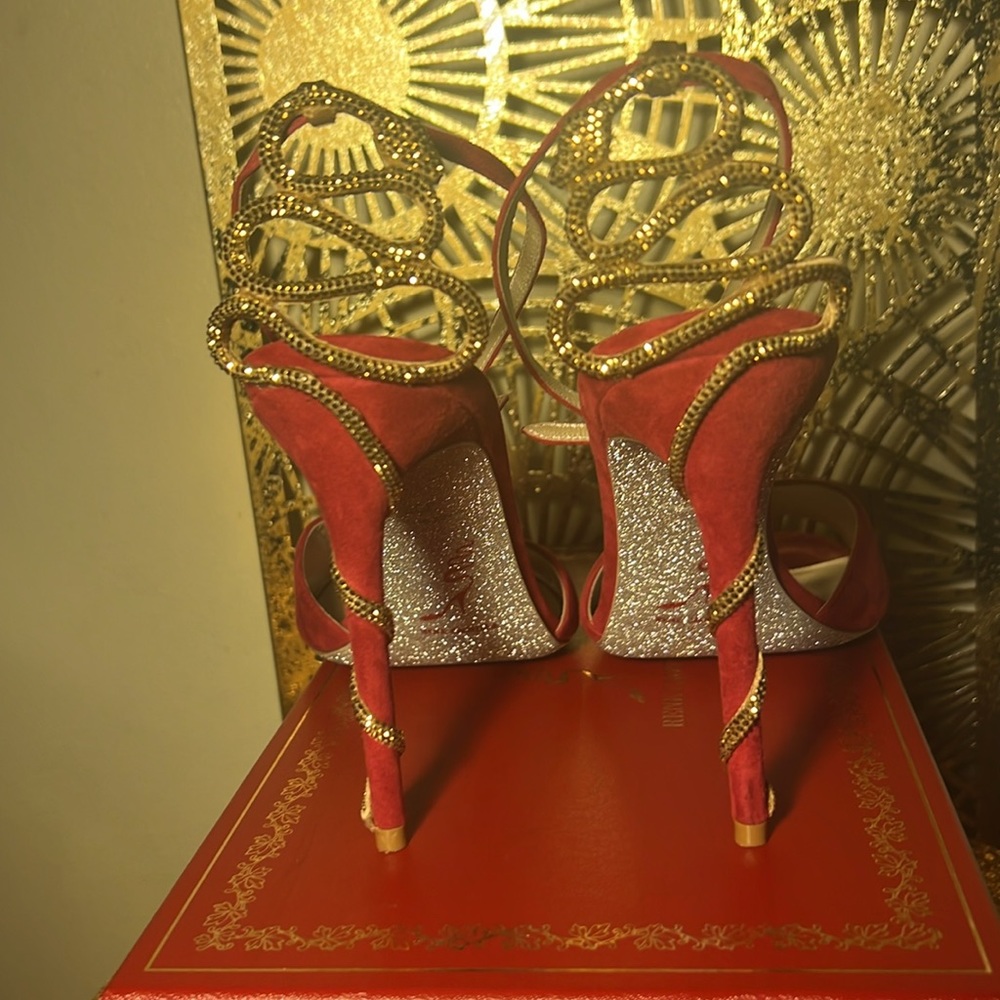 Rene’ Caovilla Red Serpent-detail 100mm suede sandals.  Women’s Size 39 1/2. - Picture 10 of 11